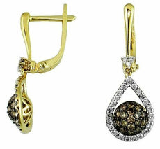 1.02CT WHITE & MOCHA DIAMOND 14KT YELLOW GOLD CLUSTER TEAR DROP HANGING EARRINGS