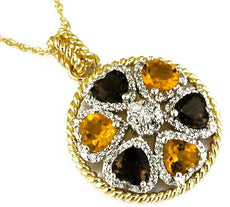 2.88CT DIAMOND & AAA CITRINE & SMOKY TOPAZ 14KT YELLOW GOLD MULTI HEART PENDANT