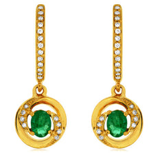ESTATE .45CT DIAMOND & AAA EMERALD 14KT YELLOW GOLD 3D CIRCULAR HANGING EARRINGS