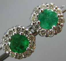 ESTATE 1.35CT DIAMOND & AAA COLOMBIAN EMERALD 14KT WHITE GOLD 3D FLOWER EARRINGS
