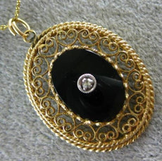 ANTIQUE LARGE OLD MINE DIAMOND & ONYX 14KT TWO TONE GOLD FILIGREE PENDANT #26413