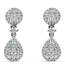 ESTATE .78CT DIAMOND 18KT WHITE GOLD CLASSIC TEAR DROP CLUSTER HANGING EARRINGS