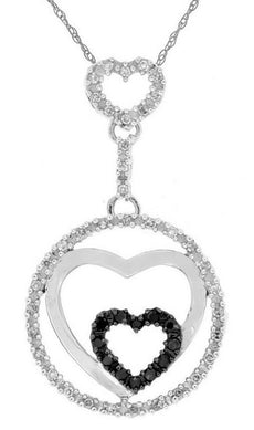 .21CT WHITE & BLACK DIAMOND 14K WHITE GOLD TRIPLE HEART CIRCLE OF LIFE PENDANT