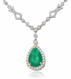 ESTATE 7.11CT DIAMOND & AAA COLOMBIAN EMERALD 18KT 2 TONE GOLD 3D HALO NECKLACE