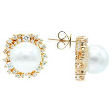 ESTATE 1.3CT DIAMOND & AAA SOUTH SEA PEARL 18KT ROSE GOLD CLUSTER STUD EARRINGS