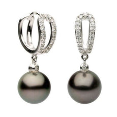 ESTATE .26CT DIAMOND & AAA PEARL 14K WHITE GOLD 3D BEZEL HUGGIE HANGING EARRINGS