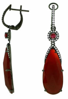 .77CT DIAMOND & AAA RUBY & RED AGATE 14K WHITE GOLD TEAR DROP HANGING EARRINGS