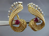 ANTIQUE LARGE 2.60CT DIAMOND & AAA RUBY 18K 2 TONE GOLD 3D LEAF CLIP ON EARRINGS