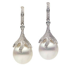 ESTATE LARGE .73CT DIAMOND & AAA SOUTH SEA PEARL 18K WHITE GOLD HANGING EARRINGS