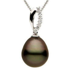 ESTATE .11CT DIAMOND & AAA TAHITIAN PEARL 14K WHITE GOLD ROUND TEAR DROP PENDANT
