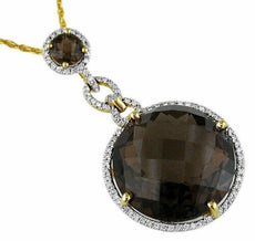 19.68CT DIAMOND & AAA SMOKY QUARTZ 14KT YELLOW GOLD 3D ROUND HALO FUN PENDANT