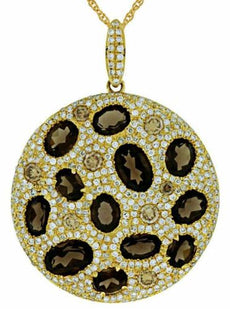 4.20CT WHITE & MOCHA DIAMOND & AAA SMOKY TOPAZ 14KT YELLOW GOLD CIRCULAR PENDANT