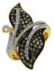 1.38CT WHITE & CHOCOLATE FANCY DIAMOND 14KT YELLOW GOLD 3D DOUBLE LEAF FUN RING