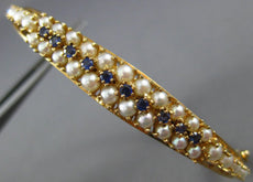 ANTIQUE WIDE .30CT SAPPHIRE & AAA PEARL 14KT YELLOW GOLD BANGLE BRACELET #24210