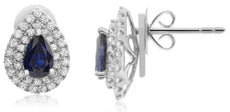 ESTATE 1.60CT DIAMOND & AAA SAPPHIRE 18K WHITE GOLD TEAR DROP HALO STUD EARRINGS