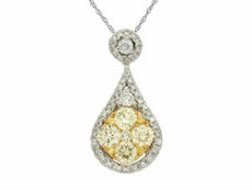 1.07CT WHITE & FANCY YELLOW DIAMOND 14KT WHITE GOLD CLUSTER TEAR DROP PENDANT