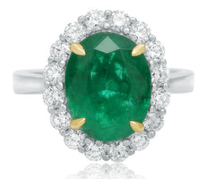 ESTATE 5.13CT DIAMOND & AAA COLOMBIAN EMERALD 18KT 2 TONE GOLD ENGAGEMENT RING