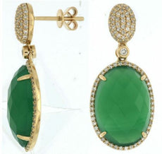 2.75CT DIAMOND & AAA GREEN AGATE 14KT YELLOW GOLD 3D OVAL HALO HANGING EARRINGS