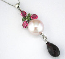 4.74CT DIAMOND AAA TOURMALINE & SOUTH SEA PEARL 14K WHITE GOLD TEAR DROP PENDANT