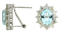 ESTATE 4.70CT DIAMOND & AAA AQUAMARINE 14KT WHITE GOLD OVAL HALO FLOWER EARRINGS