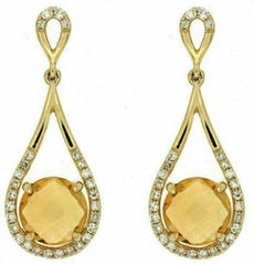 1.87CT DIAMOND & AAA CITRINE 14K YELLOW GOLD 3D ROUND TEAR DROP HANGING EARRINGS