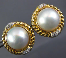 ESTATE LARGE .52CT DIAMOND & AAA MABE PEARL 14KT 2 TONE GOLD 3D CLIP ON EARRINGS
