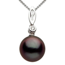 ESTATE .08CT DIAMOND & AAA TAHITIAN PEARL 14KT WHITE GOLD BEZEL 3 STONE PENDANT