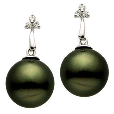 ESTATE .14CT DIAMOND & AAA TAHITIAN PEARL 14K WHITE GOLD 3D THREE STONE EARRINGS