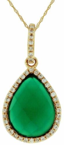 ESTATE .12CT DIAMOND & AAA GREEN AGATE 14KT YELLOW GOLD PEAR SHAPE HALO PENDANT