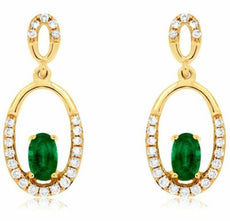ESTATE .65CT DIAMOND & AAA EMERALD 14K YELLOW GOLD OVAL CLASSIC HANGING EARRINGS
