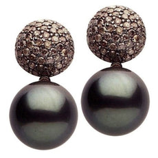 ESTATE LARGE 1.95CT MOCHA DIAMOND & AAA TAHITIAN PEARL 18KT BLACK GOLD EARRINGS
