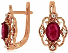 ESTATE 1.88CT DIAMOND & AAA RUBY 14KT ROSE GOLD HEART FILIGREE HANGING EARRINGS