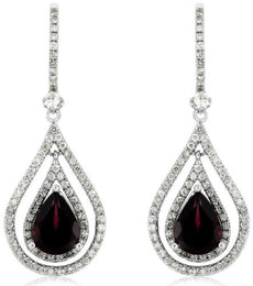 ESTATE 1.43CT DIAMOND & AAA RHODOLITE 14K WHITE GOLD 3D PEAR SHAPE HALO EARRINGS