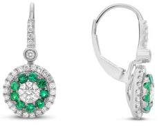 ESTATE .94CT DIAMOND & AAA EMERALD 14KT WHITE GOLD ROUND FLOWER HANGING EARRINGS