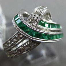 ESTATE WIDE .91CT DIAMOND & AAA EMERALD 18KT WHITE GOLD 3D LOVE KNOT FUN RING