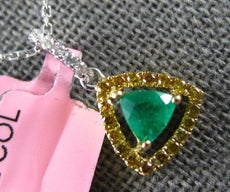 .63CT WHITE & FANCY YELLOW DIAMONDS & EMERALD 18K TWO TONE GOLD TRILLION PENDANT