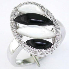 .20CT DIAMOND AAA BLACK ONYX & MOTHER OF PEARL 14K WHITE GOLD LEAF OVAL FUN RING