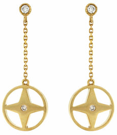 ESTATE .10CT DIAMOND 14KT YELLOW GOLD 3D ETOILE STAR FLOWER HANGING FUN EARRINGS