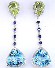 14.32CT DIAMOND & AAA MULTI GEM 14KT WHITE GOLD 3D TRILLION HANGING EARRINGS