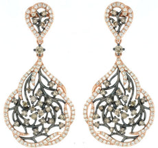 ESTATE LARGE 2.3CT WHITE & CHOCOLATE FANCY DIAMOND 14K ROSE GOLD FLOWER EARRINGS