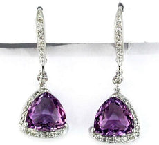 5.30CT DIAMOND AAA AMETHYST 14KT WHITE GOLD 3D TRILLION HALO HANGING EARRINGS