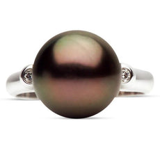 ESTATE .04CT DIAMOND & AAA TAHITIAN PEARL 14KT WHITE GOLD 3 STONE SOLITAIRE RING