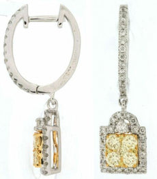 1.18CT WHITE & FANCY YELLOW DIAMOND 14KT WHITE GOLD 3D CLUSTER SQUARE EARRINGS