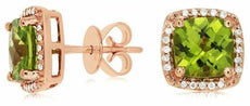 3.16CT DIAMOND & AAA PERIDOT 14KT ROSE GOLD 3D CUSHION SQUARE HALO STUD EARRINGS