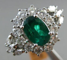 ESTATE LARGE 2.26CT DIAMOND & AAA EMERALD 18K WHITE GOLD 3D HALO ENGAGEMENT RING