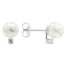 ESTATE .06CT DIAMOND AAA PEARL 14K WHITE GOLD 3D CLASSIC SOLITAIRE STUD EARRINGS