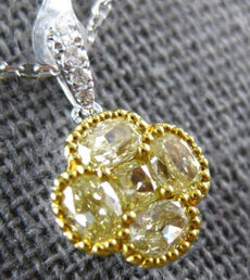 1.03CT WHITE & FANCY YELLOW DIAMOND 18K 2 TONE GOLD FLOWER 4 LEAF CLOVER PENDANT