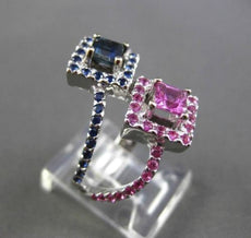 ANTIQUE 3.58CT PINK & BLUE SAPPHIRE 18KT WHITE GOLD 3D SQUARE HALO WAVE FUN RING