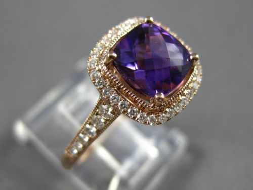ESTATE LARGE 1.77CT DIAMOND & AAA AMETHYST 14K ROSE GOLD 3D HALO ENGAGEMENT RING