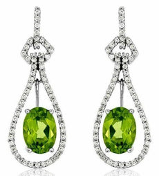 2.04CT DIAMOND & AAA PERIDOT 14KT WHITE GOLD OVAL & ROUND DROP HANGING EARRINGS